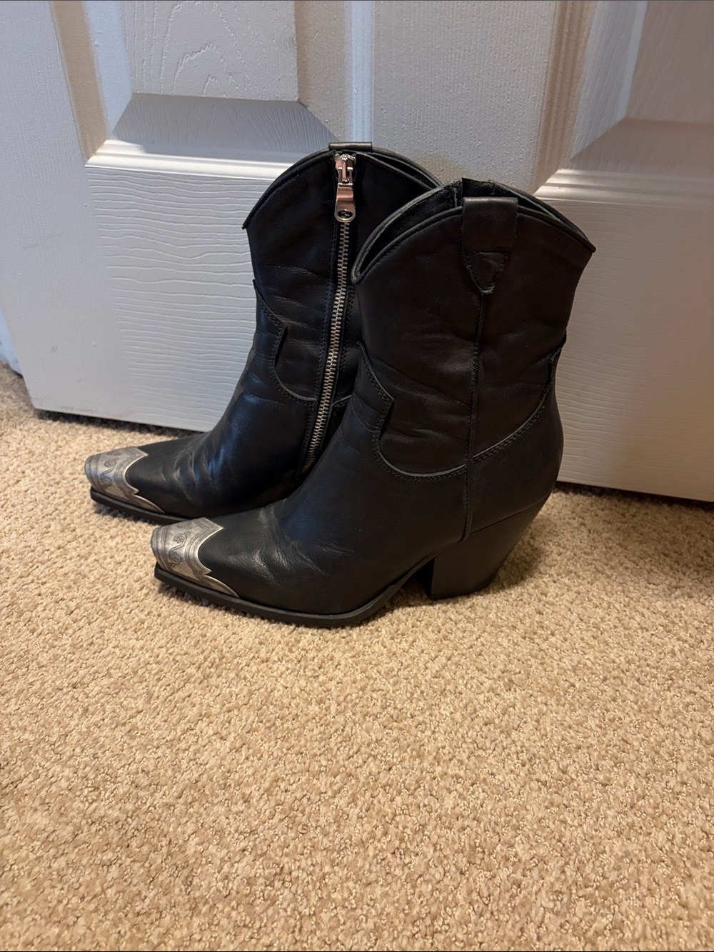 Brayden Free People Black Leather Western Ankle Boots with Silver Toe Caps